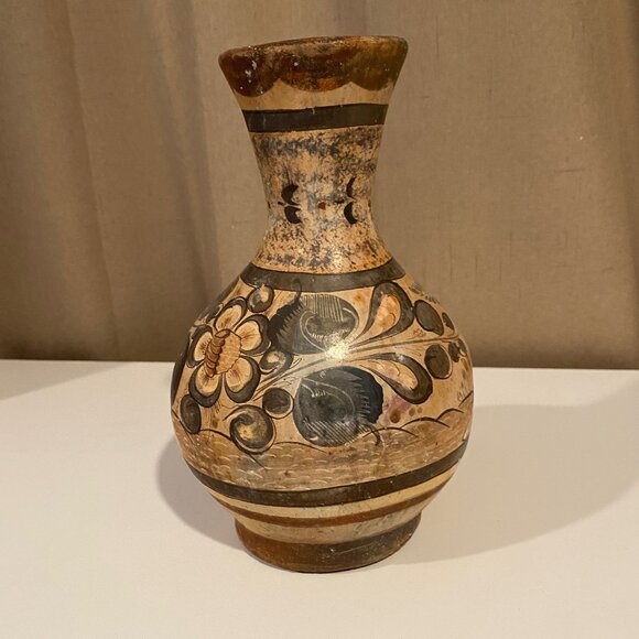 Vintage Tonala Mexican‎ Pottery Vase - Hand-Painted Birds & Burn Scar, 8.5"x6" - Picture 1 of 8